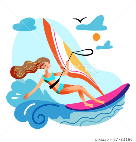 Young woman engaged in windsurfing in sea or ocean Young woman engaged in windsurfing in sea or ocean 67733166