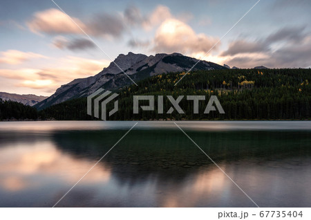 Castle mountain reflection on Two Jack Lake in Castle mountain reflection on Two Jack Lake in 67735404