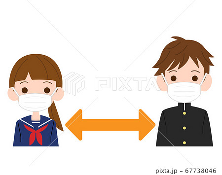 学生 コロナ対策 ソーシャルディスタンス マスクのイラスト素材