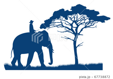 A man riding an elephant in an African savannah. Landscape African tree. Vector flat style 67738872