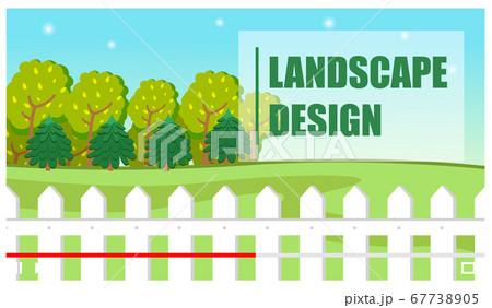 Landscape design. Green lettering. Trees, field, fence. Gardening and agricultural flat image 67738905