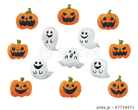 ハロウィン かぼちゃ ジャックオーランタン お化け ゴースト 水彩 風合い イラスト セットのイラスト素材