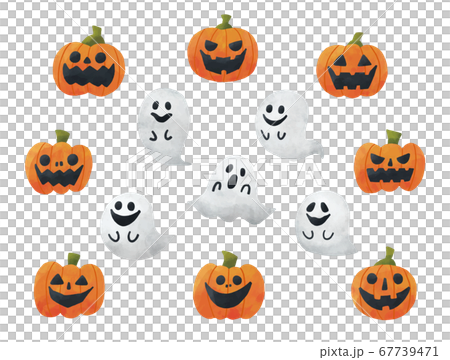 ハロウィン かぼちゃ ジャックオーランタン お化け ゴースト 水彩 風合い イラスト セットのイラスト素材