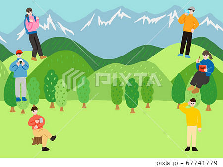 高山と低山の背景と登山を楽しむ人々のイラスト素材