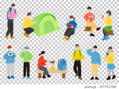 山登りやハイキングを楽しむ人々のセット 山登りやハイキングを楽しむ人々のセット 67741788