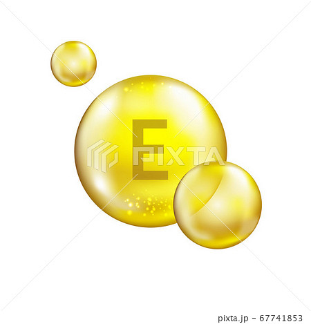 Vitamin E premium icon. Cosmetic skin care complex concept. Bright shiny capsule. Gold oil capsule. 67741853