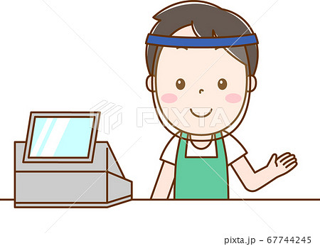 レジの男性_フェイスシールド  67744245