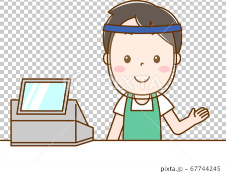 レジの男性_フェイスシールド  67744245