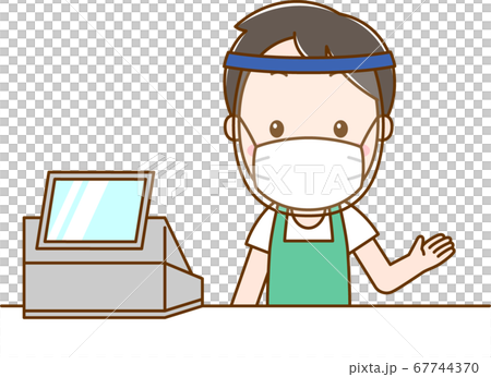 レジの男性_マスクとフェイスシールド 67744370