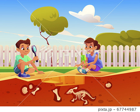 Kids playing in game with fossil dinosaurs 67744987
