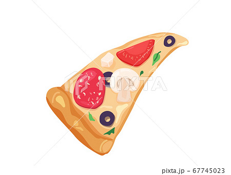 Delicious slice of pizza with cheese, olives, mushrooms, tomato, salami isolated on white background. I choose sweet positive life, design concept 67745023