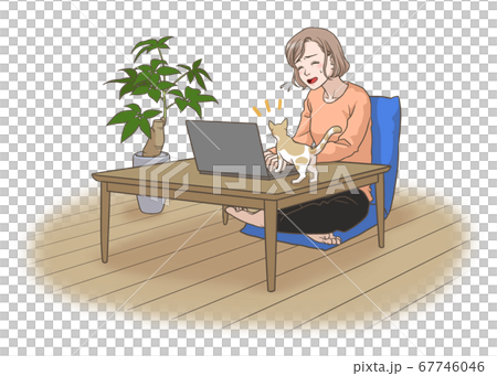 A woman whose remote work is disturbed by a cat 67746046