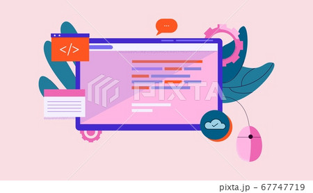 First person programming illustration. Online product development software coding technology. First person programming illustration. Online product development software coding technology. 67747719