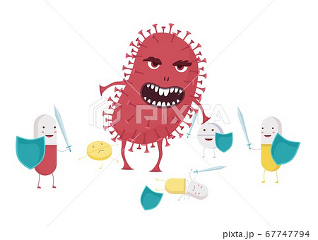 Evil bacterium with antibiotic resistance illustration. Red monster coronavirus destroys pills with shields and swords. Evil bacterium with antibiotic resistance illustration. Red monster coronavirus destroys pills with shields and swords. 67747794