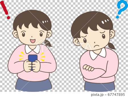 Set of girls who understand on smartphones and girls who have doubts by crossing arms 67747895