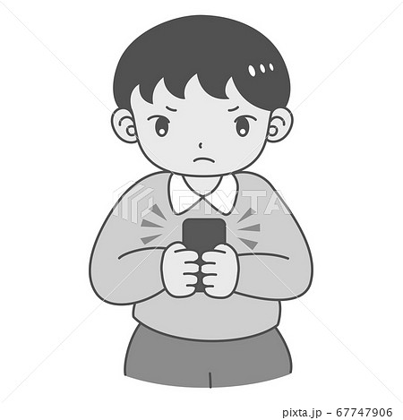 スマートフォン使用時のsns依存 ストレスを感じる男性 白黒のイラスト素材