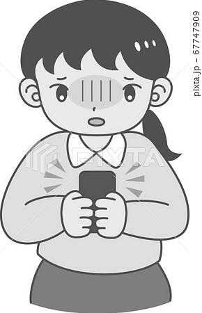 スマートフォン使用時のsns依存 ストレスを感じる女性 白黒のイラスト素材