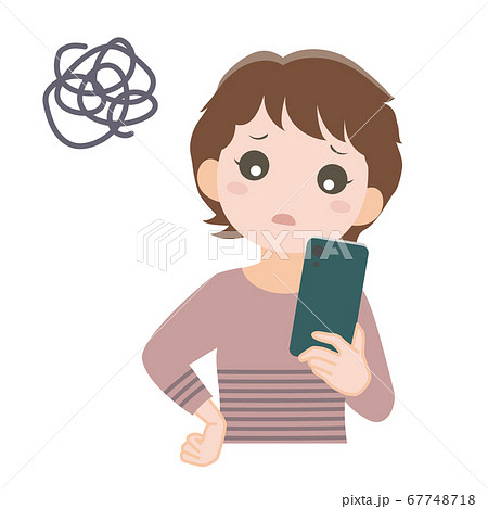 スマホを見て困っている女性のイラスト素材