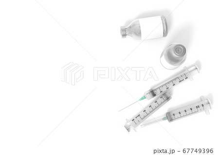 Vaccine and syringe injection for prevention, immunization from virus infection 3d rendering. 3d illustration ampoule vaccine with other vaccination vials. Health care and Medicine infectious concept. 67749396