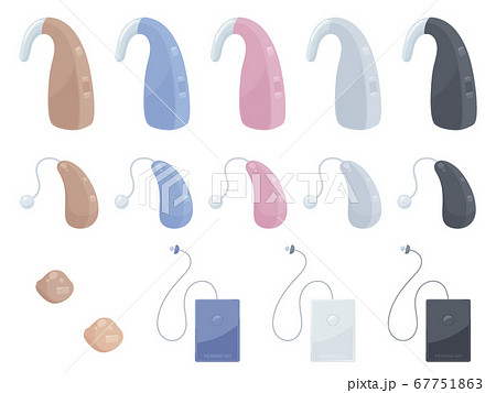 補聴器のイラスト素材セット 耳かけ型 Ricタイプ 耳穴型 ポケット型のイラスト素材