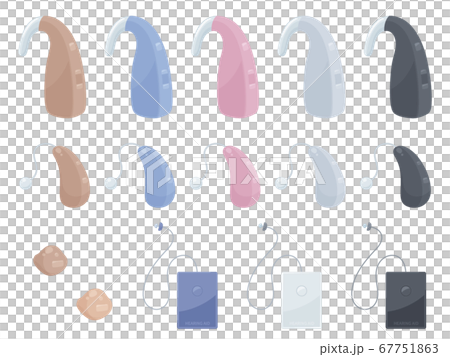 補聴器のイラスト素材セット 耳かけ型 Ricタイプ 耳穴型 ポケット型のイラスト素材