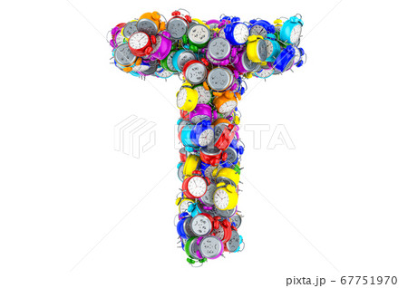 Letter T from colored alarm clocks, 3D rendering Letter T from colored alarm clocks, 3D rendering 67751970