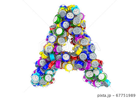 Letter A from colored alarm clocks, 3D rendering Letter A from colored alarm clocks, 3D rendering 67751989