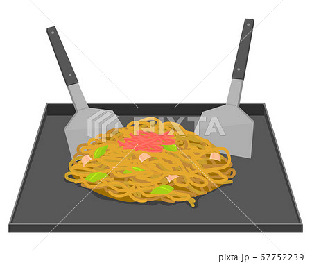 鉄板で焼く焼きそばのイラスト素材