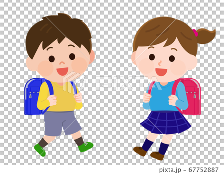 ランドセルを背負って嬉しそうな小学生低学年男女 私服 イラストのイラスト素材