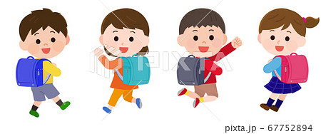 ランドセルをしょって嬉しそうな小学生低学年男女たち　私服　イラスト 67752894