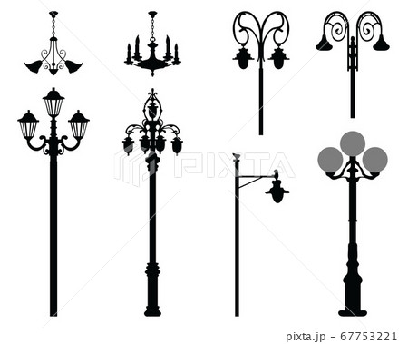 Black silhouettes of city street lanterns on a white background	 67753221