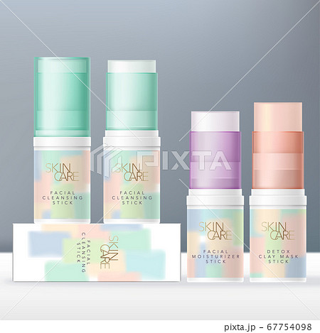 Vector Lip Balm, Face Cleanser or Beauty Clay Mask Stick Pastel Color Semi Transparent Tube Packaging. Pastel Abstract Paints Design. 67754098