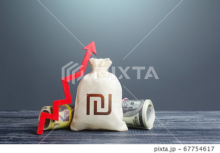 Israeli shekel money bag and red arrow up. Growth of economy and increase of investment attractiveness. Recovery. Stable currency. Rising inflation, money supply. Developing markets. Reserve fund Israeli shekel money bag and red arrow up. Growth of economy and increase of investment attractiveness. Recovery. Stable currency. Rising inflation, money supply. Developing markets. Reserve fund 67754617