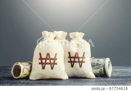 South korean won money bags and cash. National gold and foreign exchange reserve. Economy monetary policy. Financial resources, grants, project financing. Capital Investments. Trade development. South korean won money bags and cash. National gold and foreign exchange reserve. Economy monetary policy. Financial resources, grants, project financing. Capital Investments. Trade development. 67754618