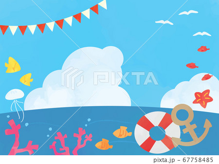 夏の海背景イラストと海の生き物フレーム素材のイラスト素材 夏の海背景イラストと海の生き物フレーム素材のイラスト素材
