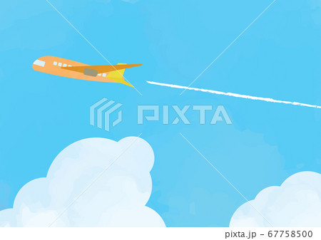 青空の中を飛ぶ飛行機の背景イラストのイラスト素材