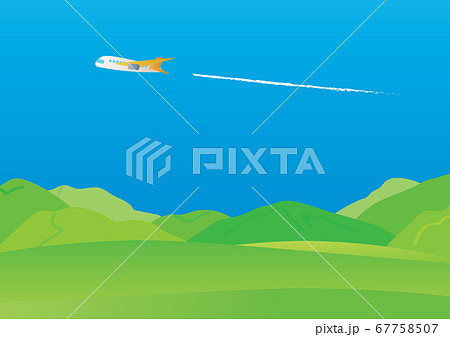 飛行機の飛ぶ夏の空背景イラストのイラスト素材