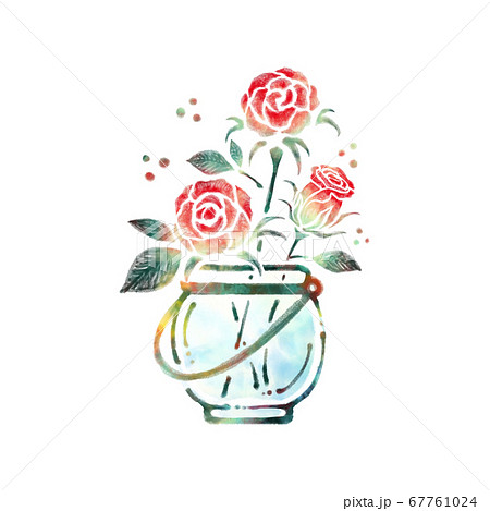 透明なガラスの花瓶に水差しされている赤いバラのイラスト素材