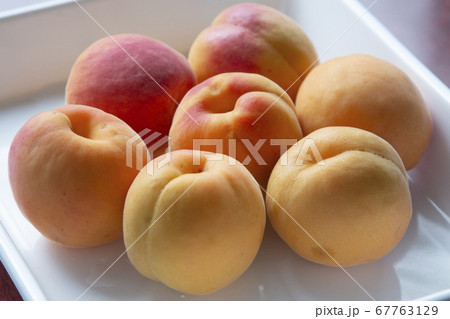 白いトレーの上の杏の実 67763129