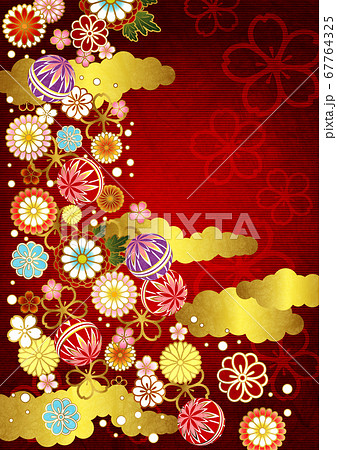 和紙水彩風花と鞠の和柄背景ヨコのイラスト素材