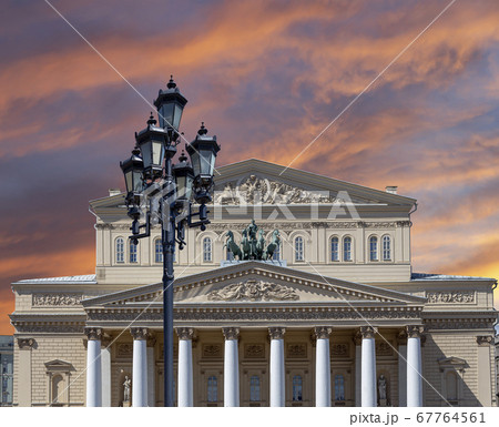 Bolshoi Theatre (Large, Great or Grand Theatre, also spelled Bolshoy) on a cloud background, Moscow, Russia 67764561
