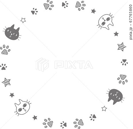 猫と足跡の丸いフレームのイラスト素材