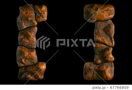 Set of rocky symbols left and right square bracket . Font of stone on black background. 3d Set of rocky symbols left and right square bracket . Font of stone on black background. 3d 67766809