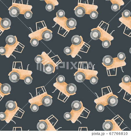 Beautiful seamless pattern with watercolor yellow tractor. Stock illustration. 67766810