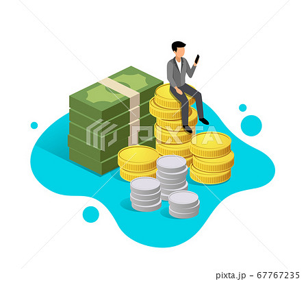 Business man sit down on money design on blue background 67767235