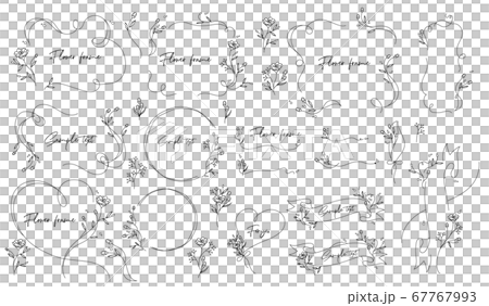 ハートと花のアナログ風線画のフレーム枠のベクターイラスト 67767993