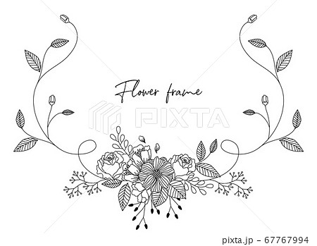 ハートと花のアナログ風線画のフレーム枠のベクターイラストのイラスト素材