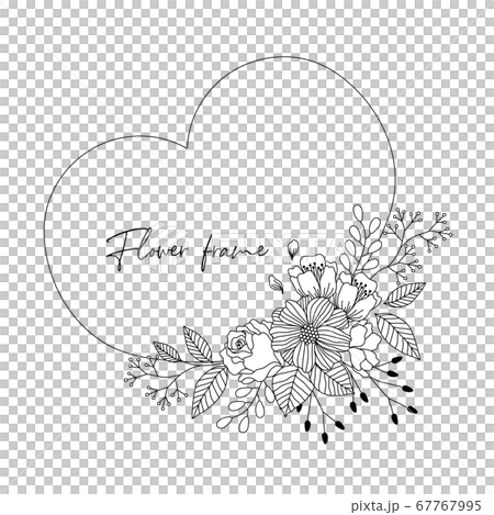 ハートと花のアナログ風線画のフレーム枠のベクターイラスト 67767995