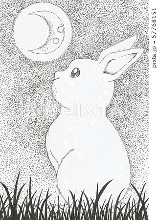 月を見上げるウサギの手描きイラストのイラスト素材