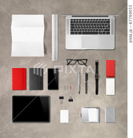 Concrete office desk branding mockup top view 67769055